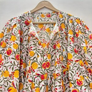 Vestido Midi Informal de Algodón Tejido para Mujer, Mangas Abullonadas, Cintura Imperio, Estilo Babydoll, 100% Algodón, Corte Holgado, Cuello en V, Túnica Floral - Product Image 2