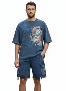 Conjunto de camisa y pantalones cortos para hombre, estilo oversized, lavado ácido, poliéster, negro, blanco, estampado de grafiti, transferencia térmica, logotipo personalizado, camiseta 100% algodón. - Product Image 6