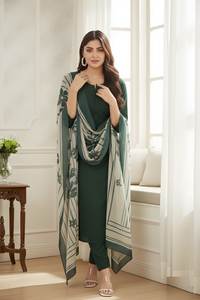 Ensemble Kurta et pantalon en soie romaine verte avec dupatta en coton imprimé numérique, col rond, longueur mollet, tenue ethnique pour femmes du M au XXL - Product Image 2