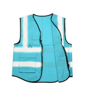 巴基斯坦制造的蓝色拉链多口袋反光带透气设计安全背心