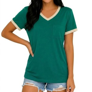 T-shirts amples personnalisés pour femmes, col en V, manches courtes, décontractés, en coton respirant, pour l'été, vente en gros - Product Image 1