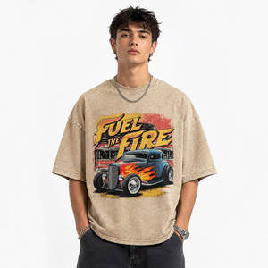 T-shirt Homme Oversize Col Rond Manches Courtes Délavé à l'Acide Beige avec Imprimé Lettres « Fuel the Fire » Style Streetwear 100% Coton Respirant - Product Image 2