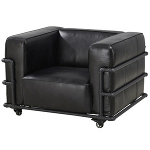 Fauteuil ergonomique moderne en cuir noir avec structure en tube métallique et roulettes pour salon - Product Image 6