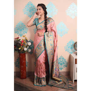 Sari de Seda Paithani Tejido con Zari Rosa Bebé, Ropa India y Pakistaní, Tejidos de Primera Calidad, 650g - Product Image 2