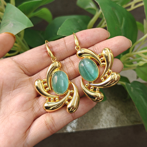Women's Fashion Jewelry Cat's Eye Oval Gemstone <b>Dangle</b> Drop <b>Earrings</b> Brass 18k <b>Gold</b> Plated Designer Statement Wholesale <b>Earring</b> - Product Image 3
