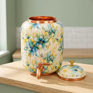 Floral Printed Copper Water <b>Dispenser</b> <b>with</b> <b>Tap</b> and Lid Blue Gold Finish Decorative Water Storage Container - Product Image 3