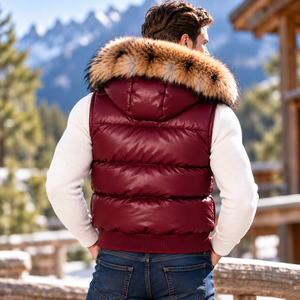Chaleco de Piel para Hombre, Transpirable, con Capucha de Piel, Talla Grande |   Chaleco Acolchado de Cuero con Capucha de Piel de Zorro para Otoño - Product Image 2