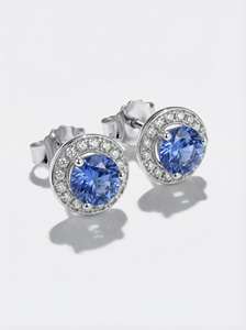 Blue Sapphire Halo <b>Stud</b> Earrings Round 925 Sterling <b>Silver</b> 14K Gold Plated Classic September Birthstone Gift - Product Image 4