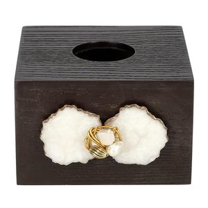 Caja de pañuelos decorativa de bambú de lujo con soporte de papel con textura de madera y detalles de piedra y perla para la entrada del hogar y el baño - Product Image 4
