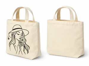 Canvas Tote <b>Bag</b> With Woman In <b>Hat</b> And Flower Design Medium Size Casual Style Daily Use Hand Carry Handle - Product Image 5