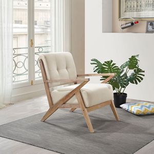 Poltrona Moderna con Schienale Trapuntato in Tessuto Color Sabbia, Design Unico, Finitura Anticata, in Legno Massello di Gomma per Soggiorno - Product Image 2