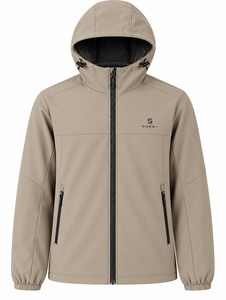 SINEWY Men's Hooded Waterproof Casual Softshell <b>Jacket</b> <b>with</b> <b>Zipper</b> Front and <b>Pockets</b> Beige Autumn Wear 100% Nylon - Product Image 1