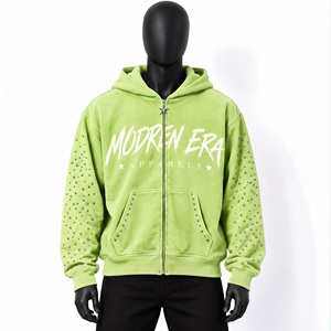 Sweat à capuche zippé vert lime néon avec strass, fabrication OEM personnalisée, molleton épais, streetwear, vêtements graphiques - Product Image 1