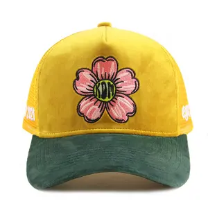 Wholesale Customization High Quality OEM New Flower Embroidery Patch 5 Panel Orange Velvet Trucker Hat