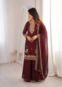 Conjunto de Traje Étnico de Seda Fandy de Lujo con Lentejuelas Bordadas de 3mm, Kurti, Palazzo y Dupatta a Juego (Para Todas las Temporadas) - Product Image 1