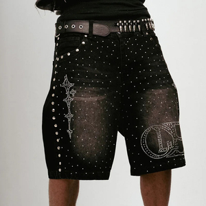 Shorts en jean pour hommes, décontractés, vintage, en denim uni, avec logo personnalisé, strass, 100 % coton, séchage rapide, respirants, taille moyenne, vente en gros pour l'été - Product Image 1
