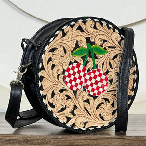 Bolso de Mano Redondo de Cuero Genuino Hecho a Mano 2026 con Diseño a Cuadros de Cereza y Flores, Bolsos Cruzados de Hombro para Mujer - Product Image 4