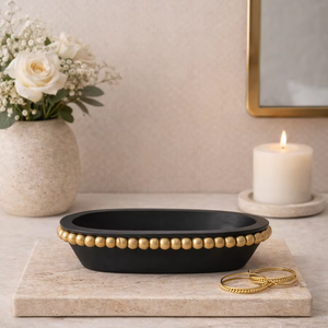 Bol à bougie antique vintage en bois de manguier noir et or, sculpté à la main, style américain, avec perles, pour remplissage de cire - Product Image 1