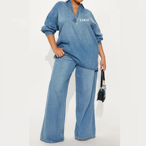 Women Plus Size Denim Tracksuit Set Full Sleeve Button Up Top Wide Leg <b>Pants</b> Casual Solid Color Loose Fit Spring Outfit - Product Image 1