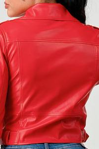 <b>Red</b> PU Leather Moto Jacket Slim Fit Turn-down Collar Zipper Closure <b>Belted</b> Short Length Solid Color Autumn Style - Product Image 5