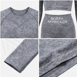 Ensemble de yoga 2 pièces North Approach : Leggings taille haute longs et crop top à col rond à manches longues imprimé gris – Tenue de sport - Product Image 4