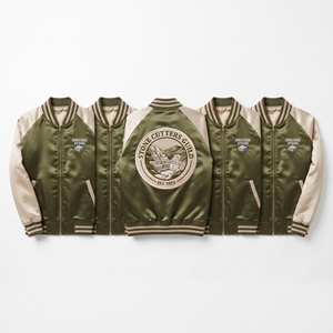 Wholesale Satin Bomber Jacket <b>Maroon</b> Beige Library Archive Embroidered Varsity <b>Coat</b> Front Zip Outerwear Direct Factory - Product Image 3