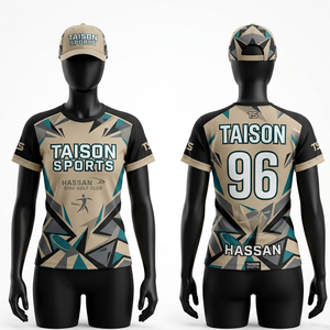 Camiseta de Disc Golf para Mujer, Premium, 160 GSM, Poliéster Transpirable, Impresión por Sublimación, Diseño de Paneles en Verde Azulado, Beige y Negro, Nombre y Número Personalizables - Product Image 1