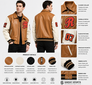 เสื้อแจ็คเก็ตยีนส์วาร์ซิตี้ยูนิเซ็กซ์ SINEWY SPORTS สีน้ำตาล แต่งแถบตัวอักษร R 07 ที่แขนเสื้อ ปิดกระดุมเดี่ยว กันลม พร้อมแถบริบบิ้น - Product Image 1