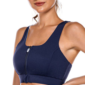High Quality Custom Women's Navy <b>Blue</b> Sports <b>Bra</b> Racerback Zip Front High Support Yoga Workout Top - Product Image 3
