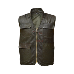 Chaleco de Cuero Genuino para Hombre, Cuello Alto, Cierre Completo, Casual, para Pesca, Senderismo, Ajuste Regular, Multibolsillos, Chaleco Utilitario para Exteriores - Product Image 1