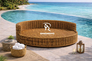 <b>Round</b> <b>Outdoor</b> Lounge Bed In All-Weather Wicker With White Pillows - Product Image 4
