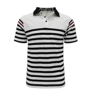 เสื้อโปโลแขนสั้นลายทางสำหรับผู้ชาย ทรงปกติ ผ้าถักลำลอง แต่งขอบปกตัดกัน สีขาว ดำ แดง - Product Image 4