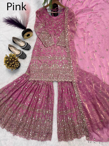Vestido Sharara de Diseño Étnico Indio-Pakistaní Moderno en Tela Georgette Sintética, con Palazzo y Dupatta, Listo para Usar en Fiestas - Product Image 4