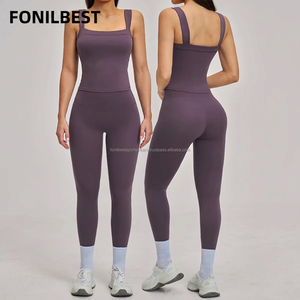 FONILBEST Women's 2 Piece Yoga <b>Set</b> <b>Square</b> Neck Spaghetti Strap High Waist Full Length Solid Color Activewear - Product Image 1