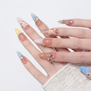 Blush Nebula Long Almond Nails Dreamy Girly Korean Glam Chic Party-Ready Diva Soft Pink Macaron Blue Macaron Yellow Creamy White - Product Image 5