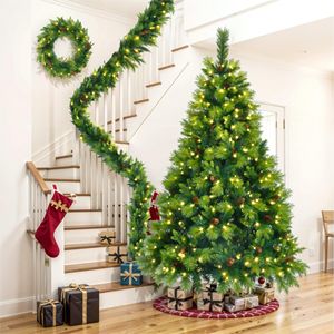Árbol de Navidad Artificial Preiluminado Verde Hierba de 6 Pies con Corona y Guirnalda, Ramas de Pino Grandes, Set de Decoración Navideña - Product Image 1