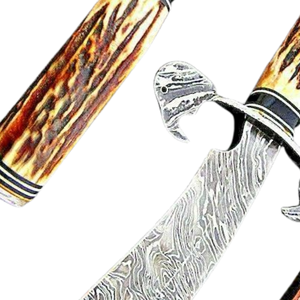 Couteau Bowie artisanal en acier Damas avec manche en corne de cerf brun naturel, lame à motifs, garde-métal et étui en cuir brun - Product Image 4