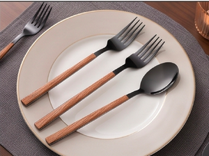 <b>Black</b> Mirror Finished Head <b>Cutlery</b> <b>Set</b> With Wooden Handle Stylish Flatware For Dining Dessert Salad Kitchen And Everyday Use - Product Image 3