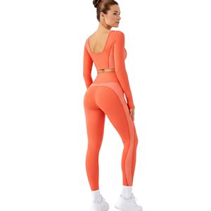 Conjuntos de Yoga Minimalistas Color Naranja Coral para Mujer, Tela Suave de Nailon y Spandex, Absorbe la Humedad, Secado Rápido, para Entrenamiento - Product Image 2
