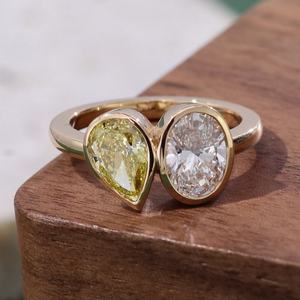 แหวนเพชรหรูหรา ทองคำแท้ 14K ทรงรี เจียระไนแบบ IGI Lab Diamond ประดับเพชรเม็ดใหญ่ 2 เม็ด เพชรเพาะเลี้ยงสำหรับงานแต่งงาน - Product Image 2