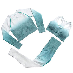 Conjunto de Yoga Degradado de 3 Piezas: Top Corto con Cuello Redondo, Sujetador Deportivo Racerback y Leggings de Cintura Alta de Spandex y Poliéster de Longitud Completa que Absorben el Sudor - Product Image 1