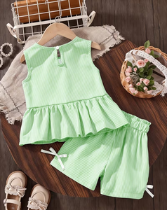 Girls Green Solid Short Sleeve Top Shorts Set with Bow Details 2 Piece Summer Outfit Polyester/Cotton Comfortable - Product Image 2
