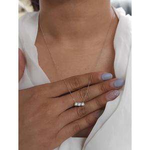 Round Cut Diamond Three Stone Bar <b>Pendant</b> Necklace <b>Solid</b> White <b>Gold</b> Prong Setting Horizontal Triple Cluster Linked Chain - Product Image 3