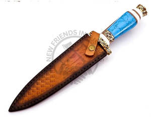 Nouveau couteau de chasse artisanal en acier Damas à double tranchant avec manche en laiton et pierre bleue, couteau à lame fixe pour le camping et la survie - Product Image 5