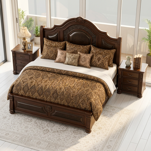 Traditional King Size Wood <b>Bed</b> <b>Frame</b> with Leather Upholstered Headboard and Tufted Footboard Bedroom Furniture - Product Image 5