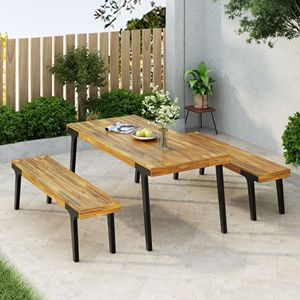 1 Dining <b>Table</b> and 2 Dining <b>Benches</b> <b>Set</b> for Garden Decor - Product Image 2