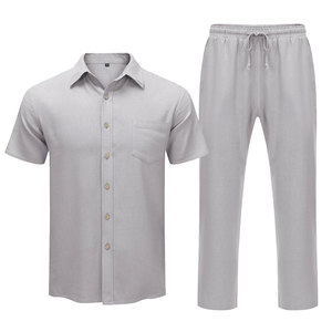 Premium Men's Two Piece Co Ord Set Short Sleeve Camp Collar Shirt Regular Fit Full Length Trousers Elastic Waist 100% Cotton - Product Image 3