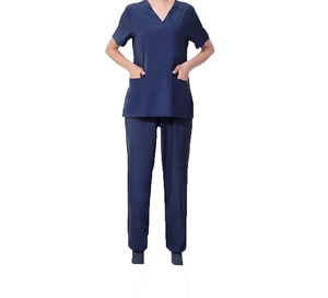 ชุดสครับสีชมพูสำหรับผู้หญิง ผ้าฝ้ายผสมโพลีเอสเตอร์ ชุดยูนิฟอร์มโรงพยาบาล พร้อมกางเกงหลายกระเป๋า เสื้อคอวี แขนสั้น - Product Image 3