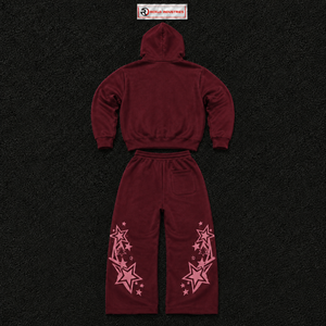 Conjunto Deportivo Color Granate con Sudadera con Capucha con Estampado de Estrellas Rosas y Pantalones con Cordón, Estilo Casual, Holgado, para Otoño - Product Image 6