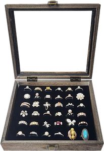 MOOCA - Exhibidor de Joyas de Madera con 36 Anillos, Exhibidor de Joyas de Madera con Tapa de Vidrio Templado, Caja de Almacenamiento de Joyas - Product Image 3